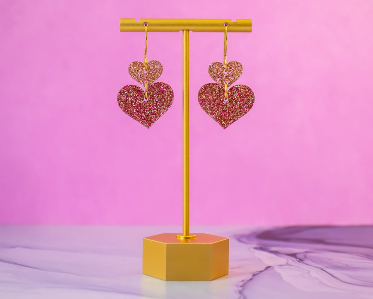 Pink Glitter Stacked Heart Earrings