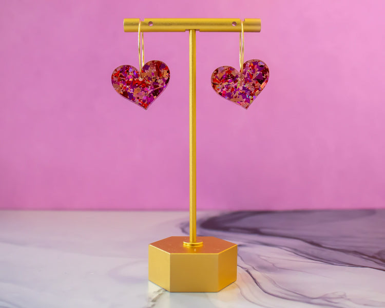 Red Glitter Heart Hoop Earrings