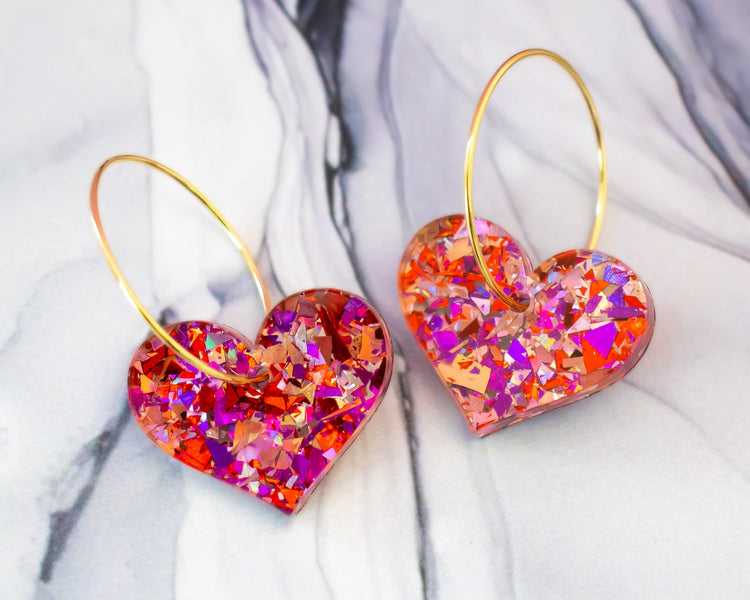 Red Glitter Heart Hoop Earrings