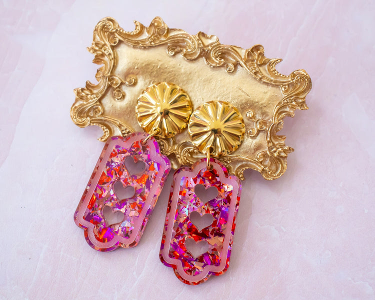 Glitter Heart Rectangle Arch Earrings