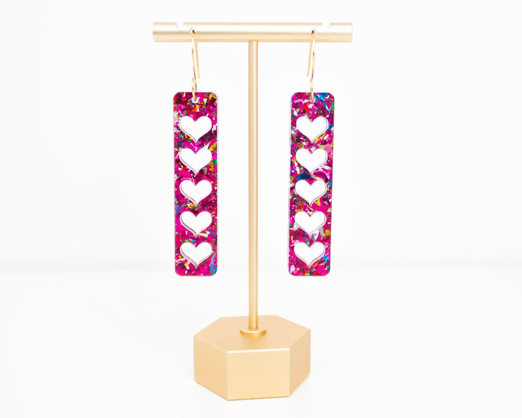 Pink Hearts Rectangle Bar Earrings