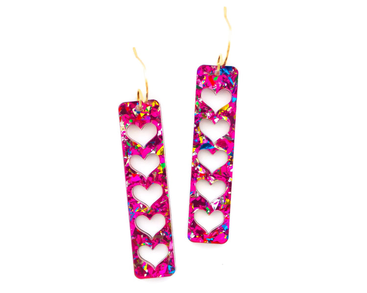 Pink Hearts Rectangle Bar Earrings