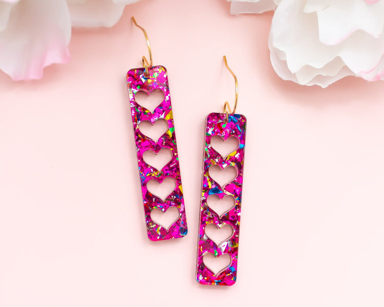 Pink Hearts Rectangle Bar Earrings