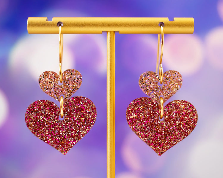 Pink Glitter Stacked Heart Earrings