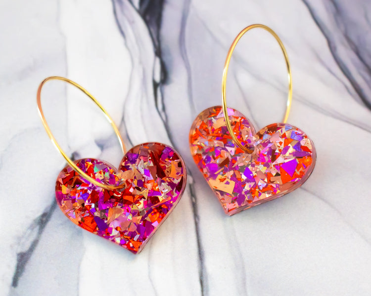 Red Glitter Heart Hoop Earrings