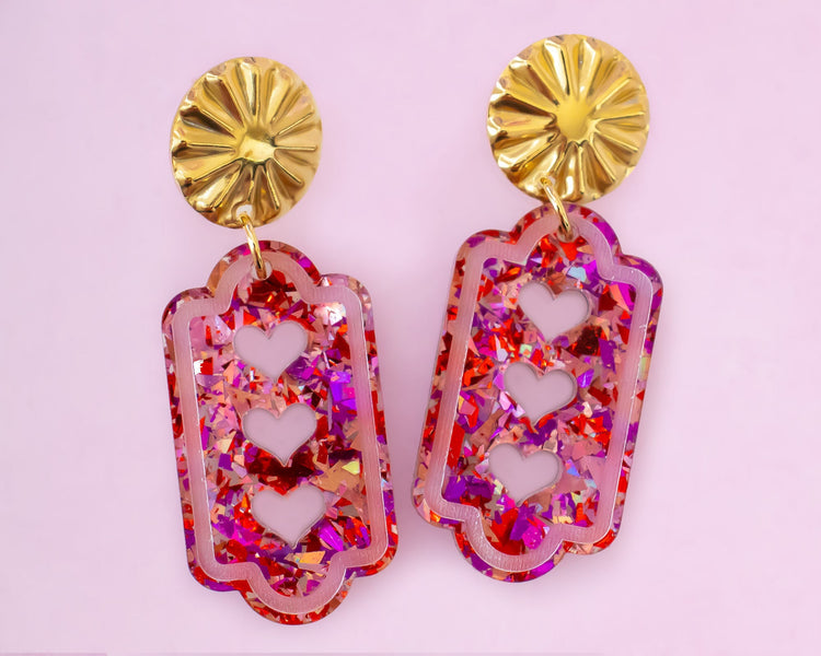 Glitter Heart Rectangle Arch Earrings