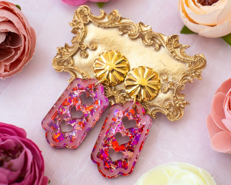 Glitter Heart Rectangle Arch Earrings