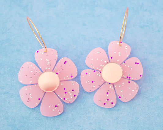 Pastel Pink Daisy Hoop Earrings