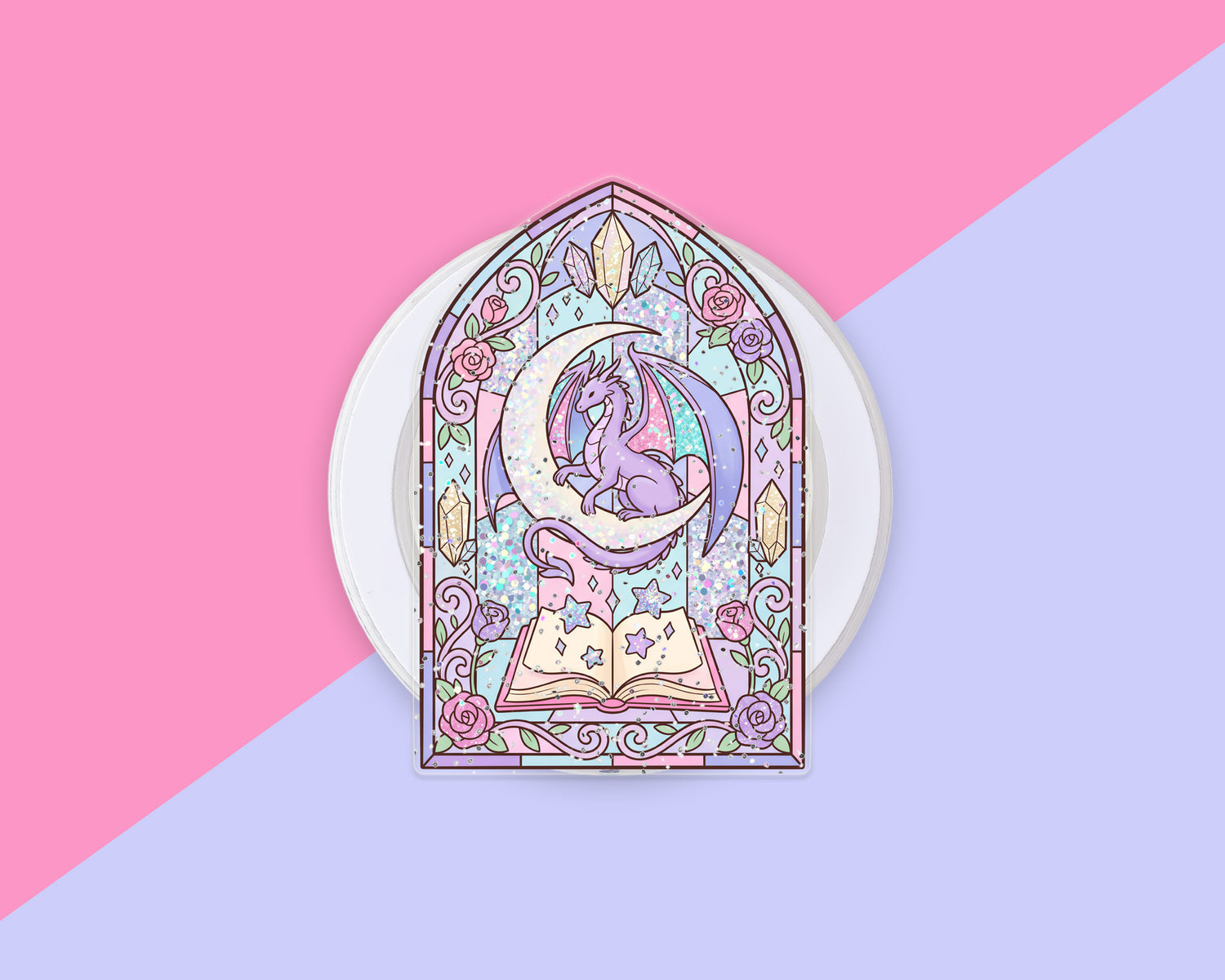 Bright Pastel Stained Glass Dragon magnetic acrylic phone grip for Kindle and e-readers