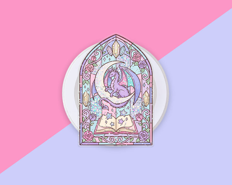 Bright Pastel Stained Glass Dragon magnetic acrylic phone grip for Kindle and e-readers