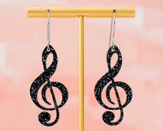Black Glitter Treble Clef Music Note Earrings