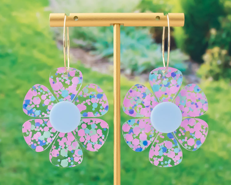 Confetti Dots Daisy Flower Hoop Earrings