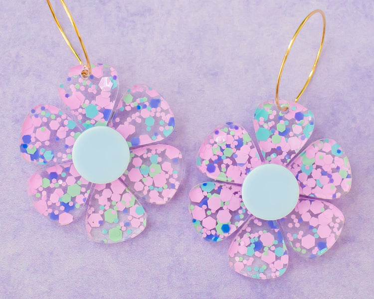 Confetti Dots Daisy Flower Hoop Earrings