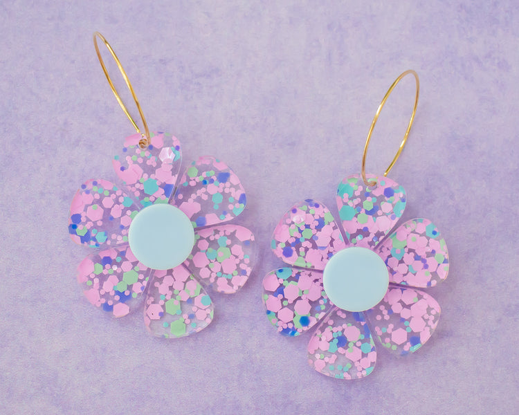 Confetti Dots Daisy Flower Hoop Earrings