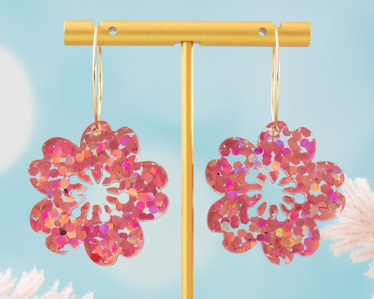 Glitter Cherry Blossom Hoop Earrings