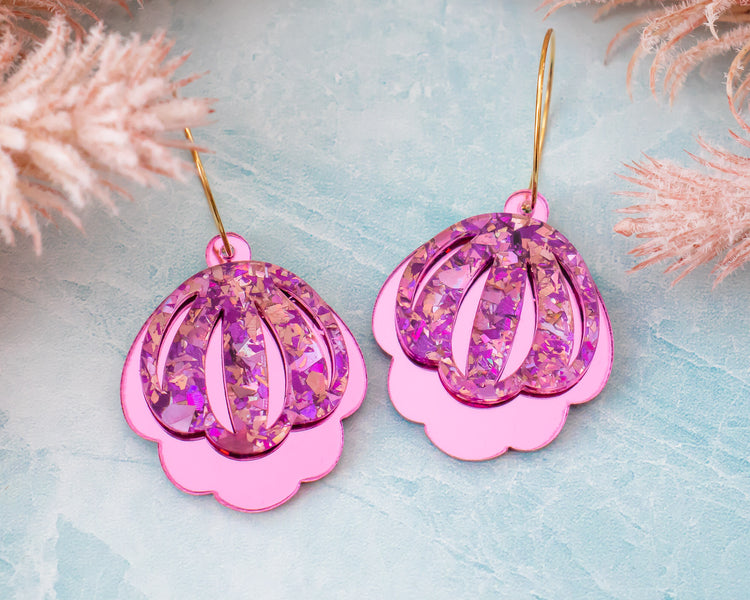 Pink & Purple Glitter Bell Flower Hoop Earrings