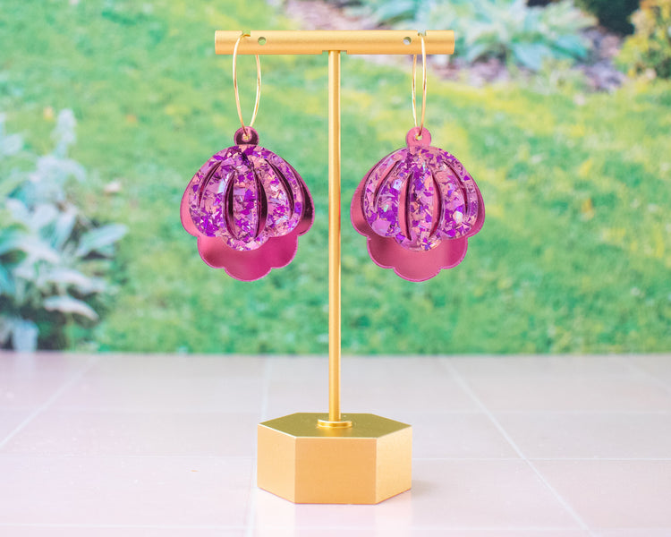 Pink & Purple Glitter Bell Flower Hoop Earrings