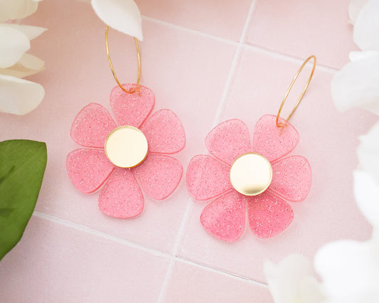 Pink Glitter Daisy Flower Hoop Earrings