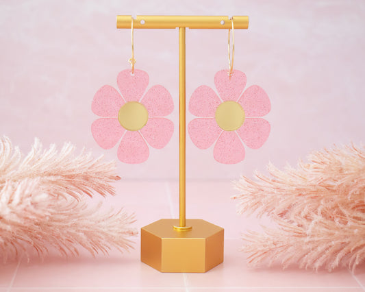 Pink Glitter Daisy Flower Hoop Earrings