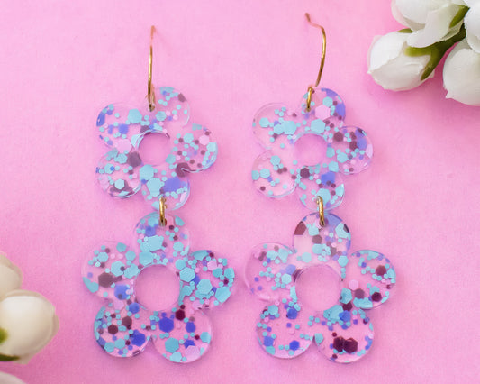 Blue Confetti Dots Retro Flower Earrings