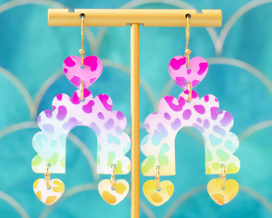 Rainbow Leopard Print Scallop Arch Earrings With Hearts