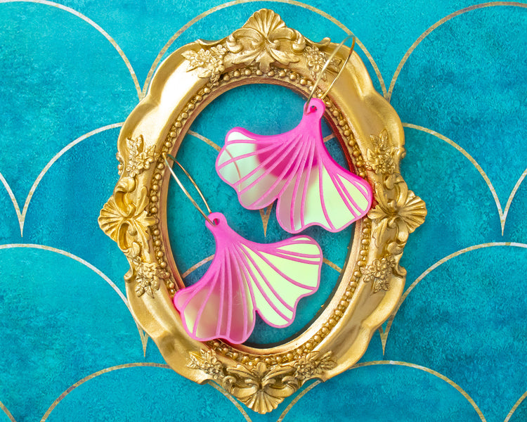 Ginkgo Leaf Pink Holographic Hoop Earrings
