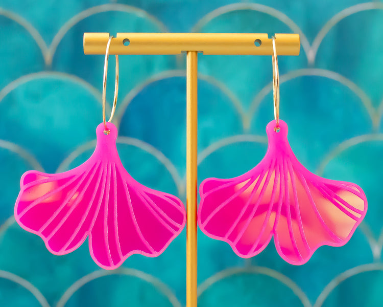 Ginkgo Leaf Pink Holographic Hoop Earrings