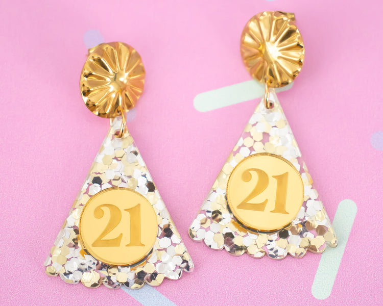 Gold Sequin Custom Number Party Hat Earrings