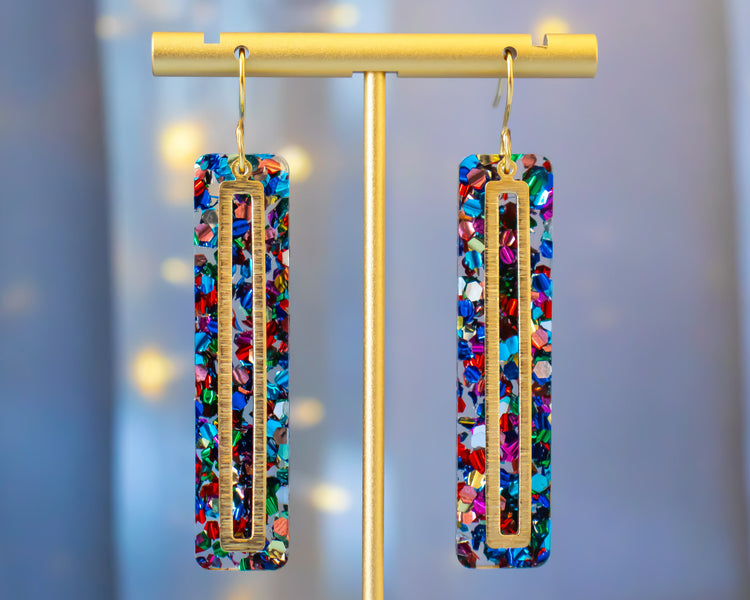Glitter Rectangle Gold Bar Earrings