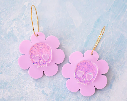 Skull Flower Earrings Dangles