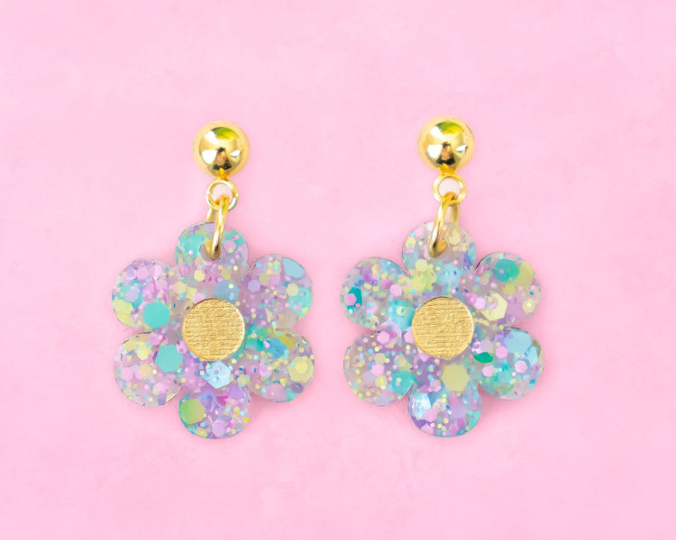 Small Multi-Color Glitter Daisy Earrings