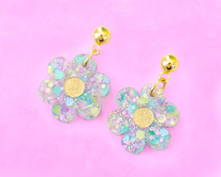 Small Multi-Color Glitter Daisy Earrings