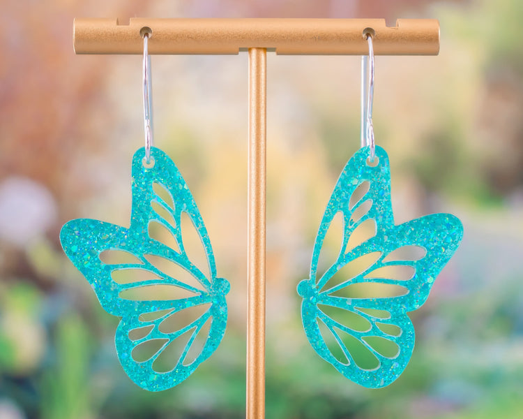 Teal Glitter Butterfly Earrings