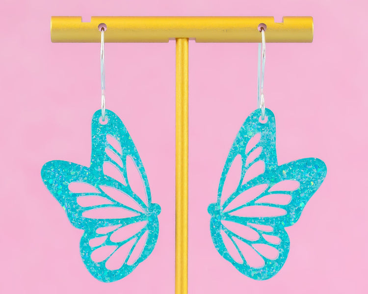 Teal Glitter Butterfly Earrings