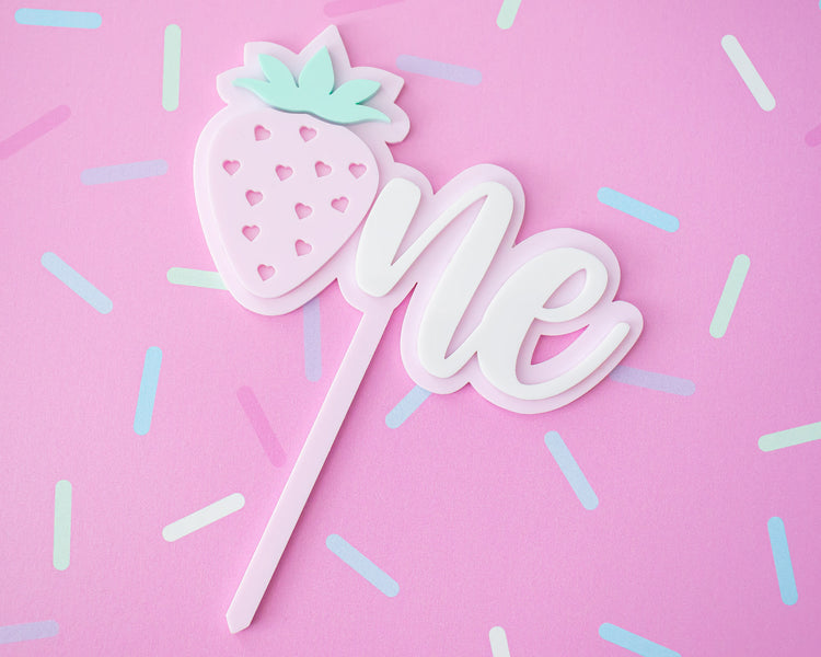 Pink Strawberry One Acrylic Cake Topper