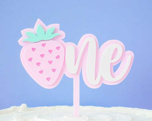 Pink Strawberry One Acrylic Cake Topper