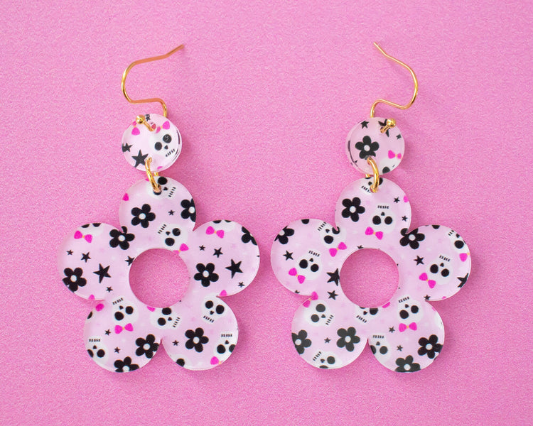 Skull Pattern Pink Flower Earrings