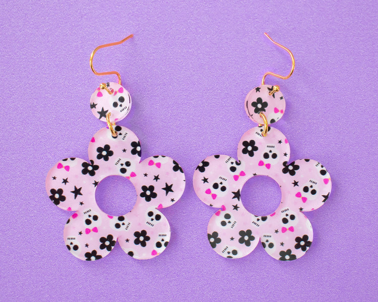 Skull Pattern Pink Flower Earrings