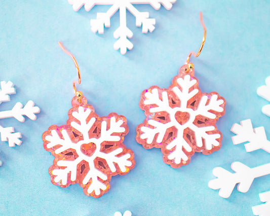 Pink Glitter Snowflake Earrings