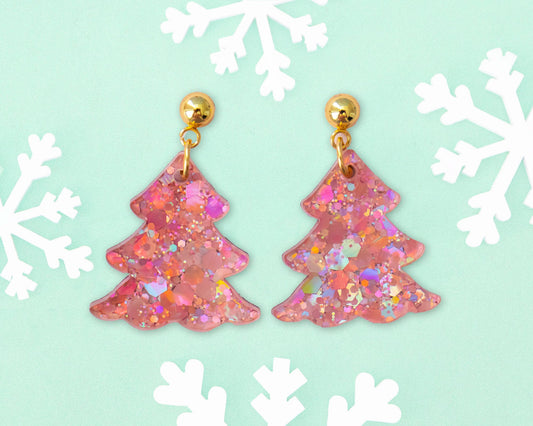 Small Pink Christmas Tree Earrings