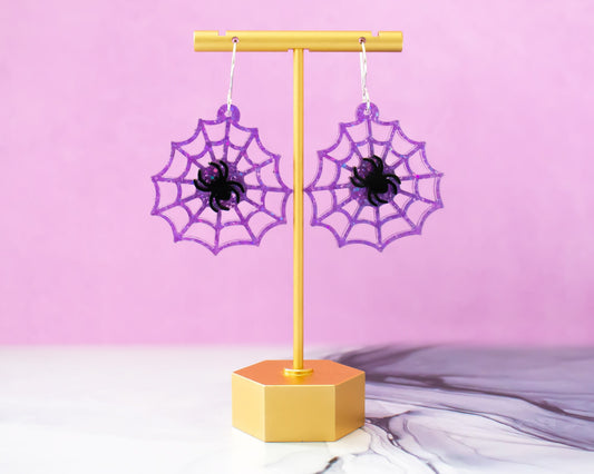 Purple Glitter Spider Web Earrings