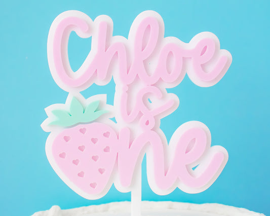 Custom Name Pink Strawberry First Birthday Cake Topper