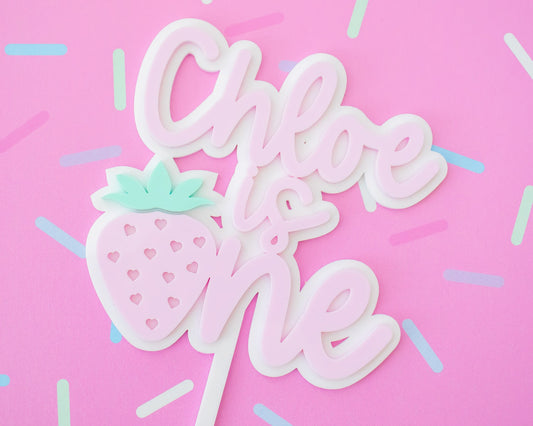 Custom Name Pink Strawberry First Birthday Cake Topper