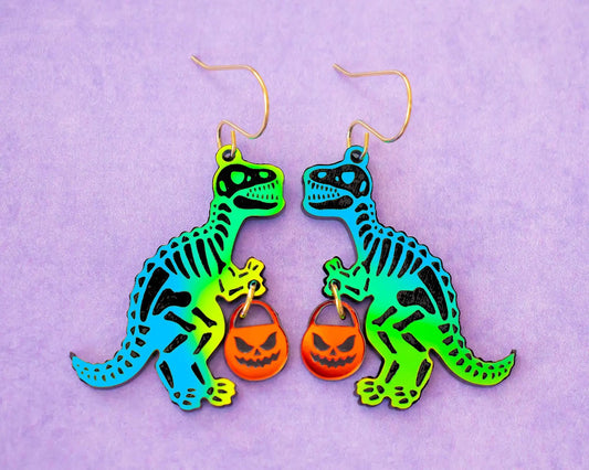 Skeleton Dinosaur With Pumpkin Earrings