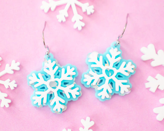 Blue Glitter Snowflake Earrings