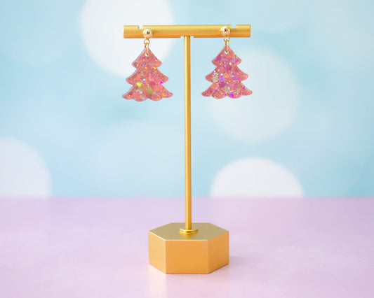 Small Pink Christmas Tree Earrings