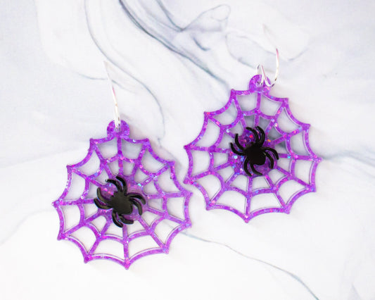 Purple Glitter Spider Web Earrings