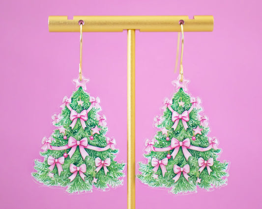 Pink Bow Christmas Tree Earrings