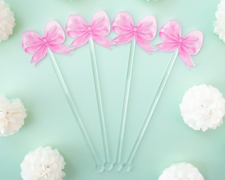 Pink Bow Drink Stirrers Coquette Party Decor, Set of 4