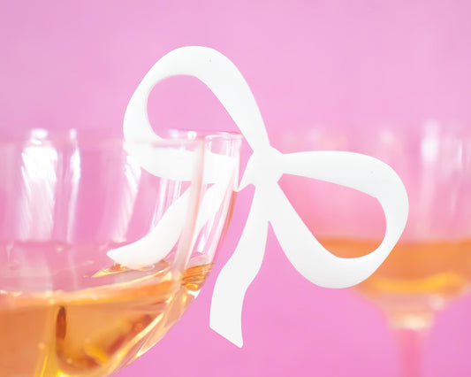 White Bow Drink Tags, Reusable Party Glass Charms, Set of 4